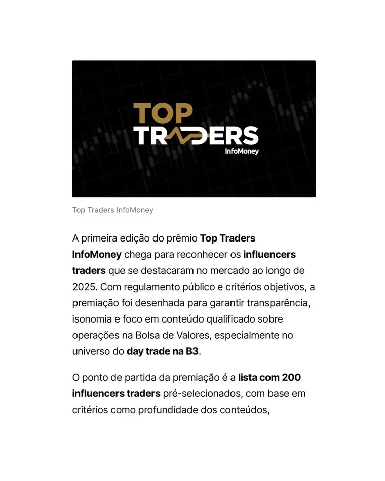 Matéria do prêmio Top Traders InfoMoney